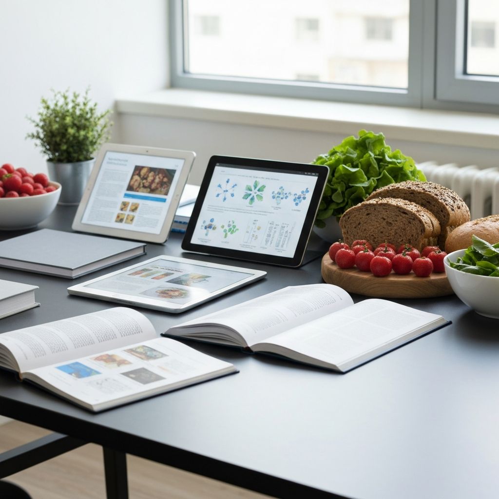 Professional workspace with health research materials and fresh ingredients