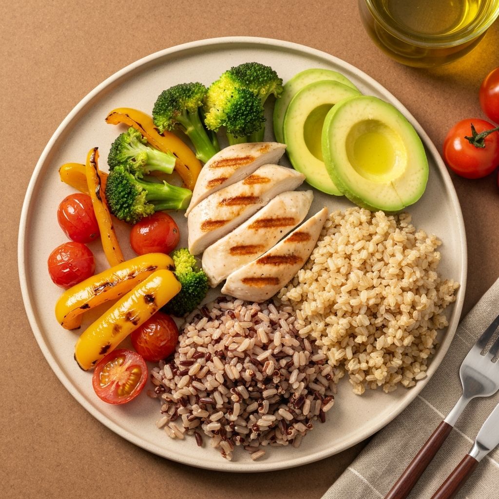 Colorful balanced plate with vegetables, proteins, and grains