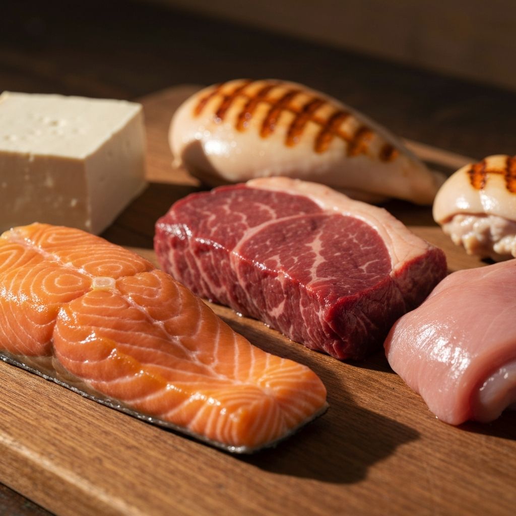 Protein sources including salmon, beef, and chicken