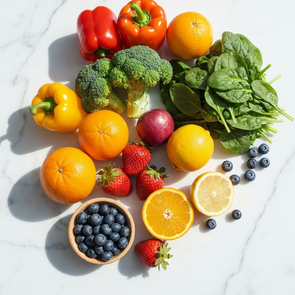Fresh vegetables and fruits including berries and bell peppers